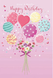 Soft, whimsical birthday card artwork featuring pastel balloons and a dainty floral bouquet, evoking the relaxed charm of New Malden on a celebratory day. The illustration rests on a gentle pink background, smooth and warm, like the blush of light over the High Street in early morning. At its centre, a loose cluster of balloons rises in an airy composition, with ribbons trailing downward. Each balloon is distinctly adorned: some with candy-striped bands that curl playfully, others with tiny polka dots scattered like confetti, and a few with subtle floral and swirl designs. A heart-shaped balloon quietly anchors the group emotionally, glowing with deeper rose and blush tones that suggest affection and birthday love. The colour palette runs through sea green, teal, lavender, lemon, and soft peachy pinks, all carefully pastel to keep the effect light and soothing. Where the ribbons gather, a small, hand-tied bouquet appears, its flowers snug against one another. Petite roses, anemone-like blooms, and daisy-style flowers show off layers of creamy ivory, blush pink, and mauve petals, their surfaces imagined as soft and velvety, just like fresh flowers carefully prepared in a New Malden florist's studio for same-day birthday delivery. A vivid violet satin bow ties the stems together at the base, its loops catching the same glow that highlights the balloons. Around this central scene, tiny stars, dots, and delicate butterflies float, as if drifting on a quiet birthday breeze through New Malden's side streets. The entire composition feels like a tender, floating wish-a moment of celebration captured in pastel colour, gentle texture, and the imagined fragrance of sweet, newly cut blooms.